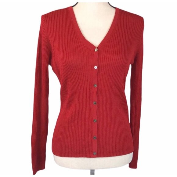 Caslon Sweaters - CASLON Red Ribbed Button Front Cardigan Sweater Small